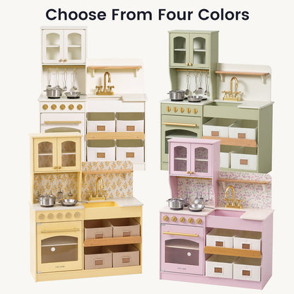Tiny Land INC wooden play kitchen in pastel cream, green, yellow, pink with brass hardware on Tampa Home & Garden Store