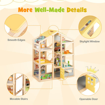Wooden dollhouse playset in natural finish with movable stairs skylight window DirectDeals on Tampa Home & Garden Store