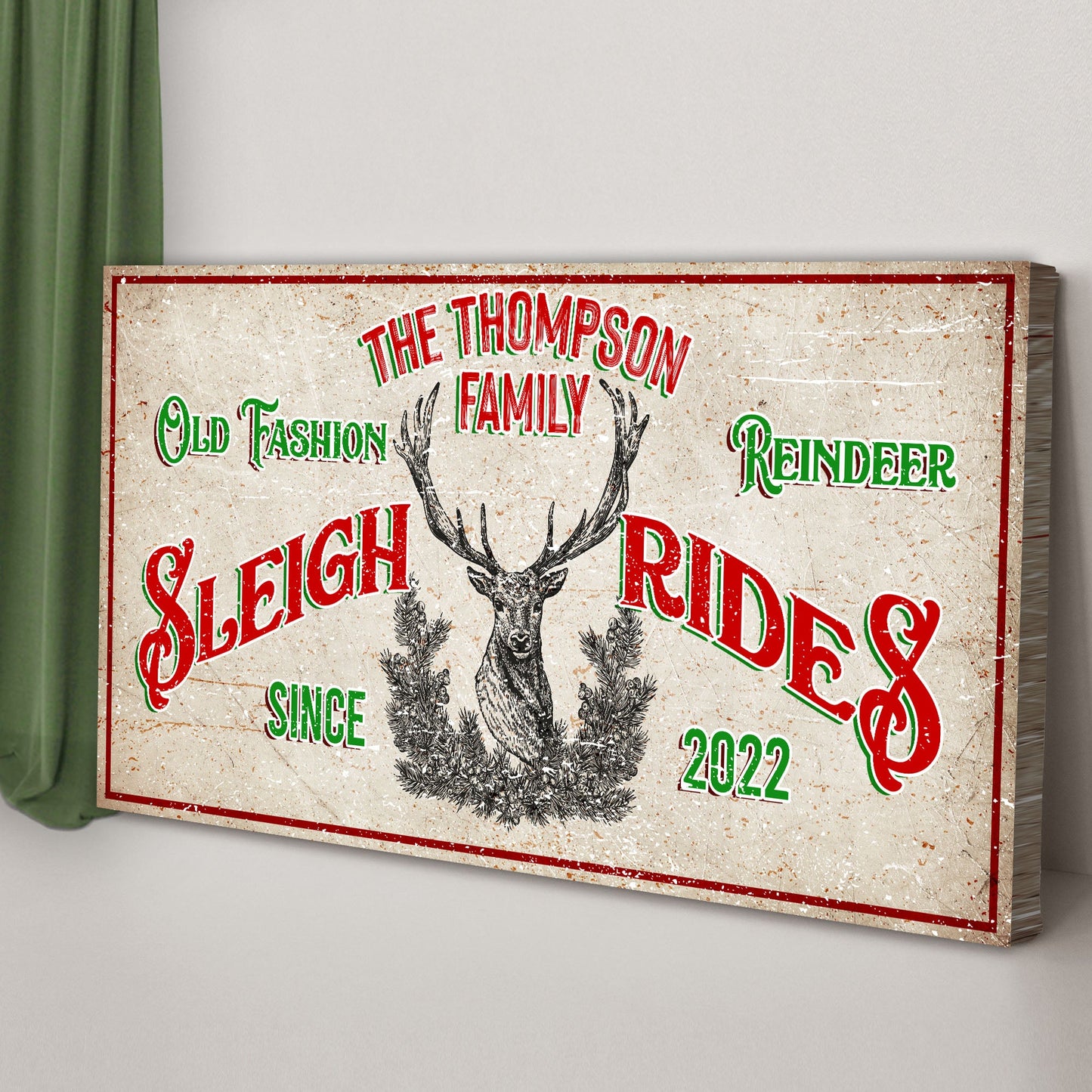 Christmas Reindeer Sign Canvas by Tailored Canvases; rustic beige with red/green deer motif on Tampa Home & Garden Store