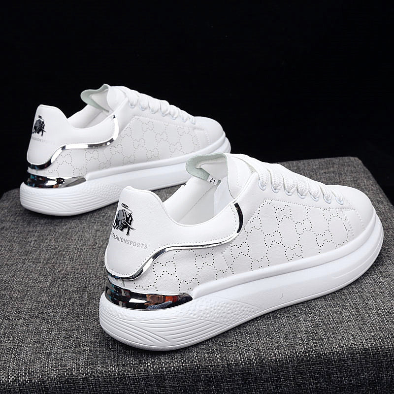 Stevvex women's white thick-soled sneakers with lace-up front and metallic heel trim on Tampa Home & Garden Store