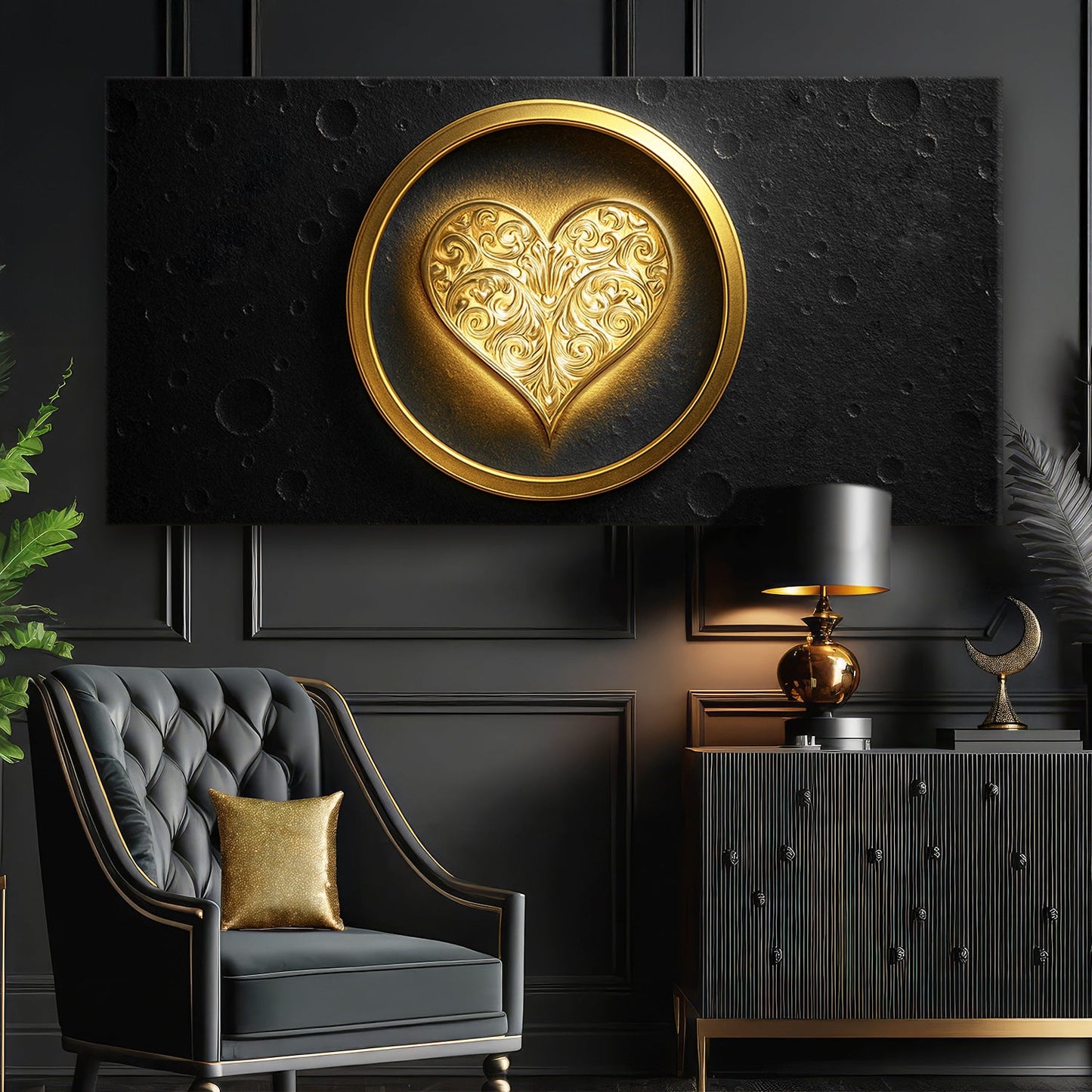 Heart Eclipse Wall Art canvas by Tailored Canvases with gold heart on black textured backdrop on Tampa Home & Garden Store