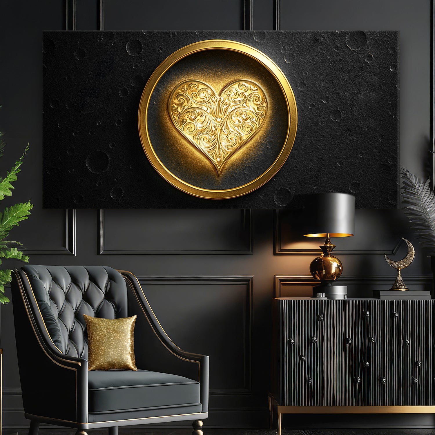 Heart Eclipse Wall Art canvas by Tailored Canvases with gold heart on black textured backdrop on Tampa Home & Garden Store