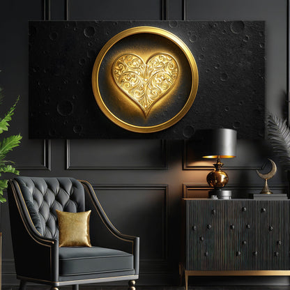 Heart Eclipse Wall Art canvas by Tailored Canvases with gold heart on black textured backdrop on Tampa Home & Garden Store