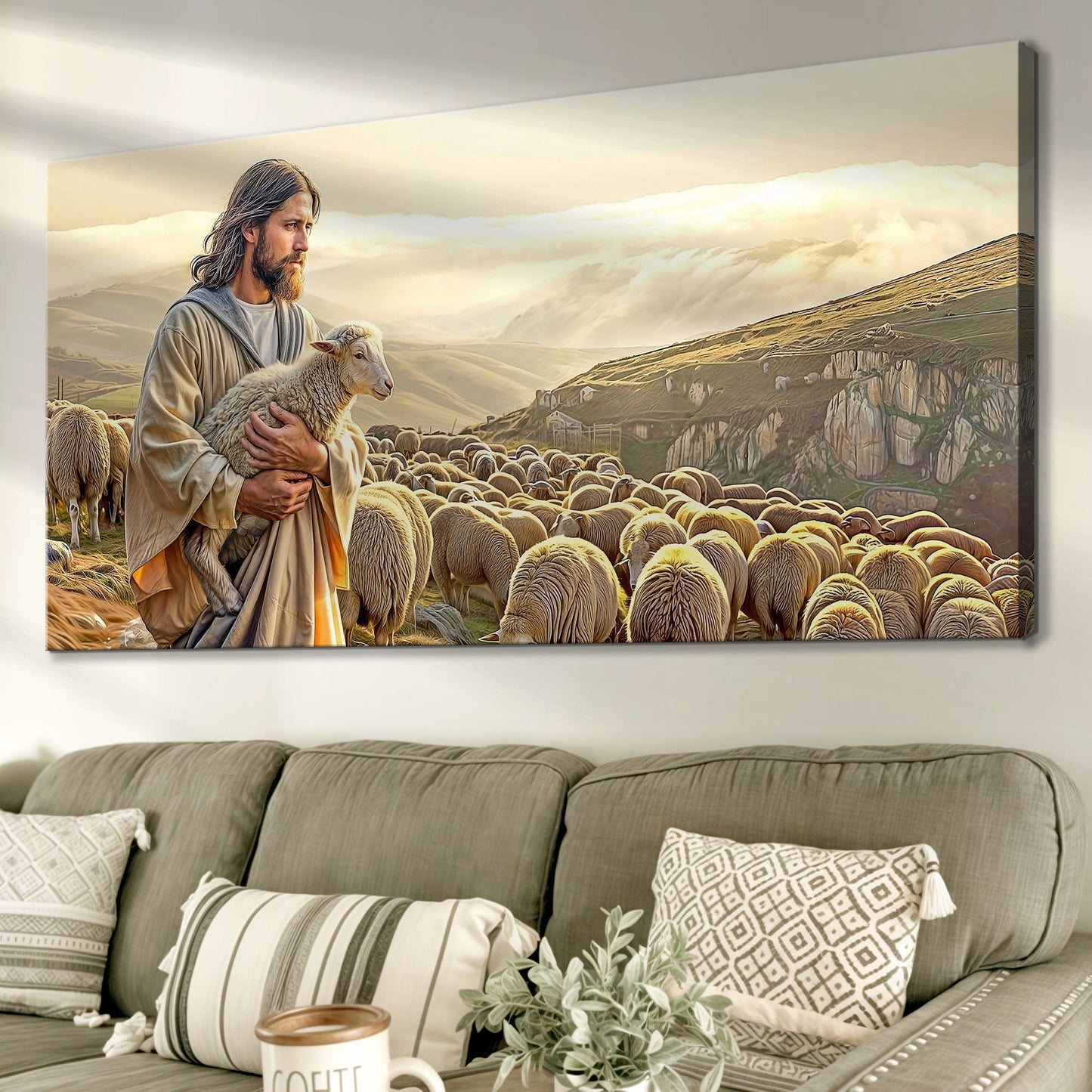 99 Faith Wall Art VIII by Tailored Canvases shows a shepherd with lamb among a flock in valley on Tampa Home & Garden Store