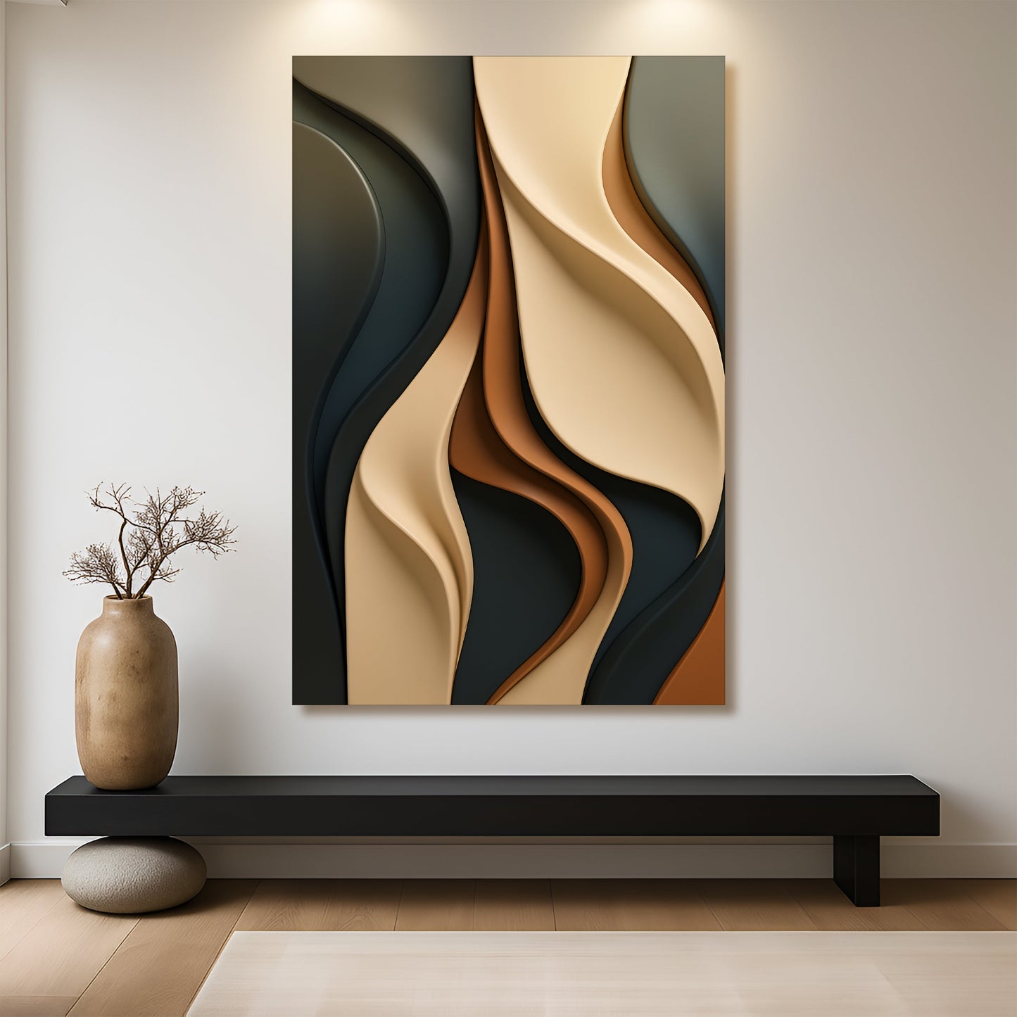 Modern Abstract Minimalist Wall Art canvas by Tailored Canvases with cream beige brown curves on Tampa Home & Garden Store