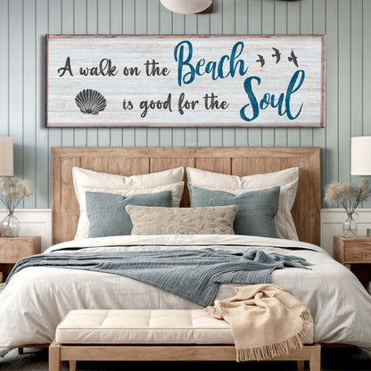 Canvas sign A Walk on the Beach Is Good For The Soul Sign II with blue Beach script and shell motif on Tampa Home & Garden Store