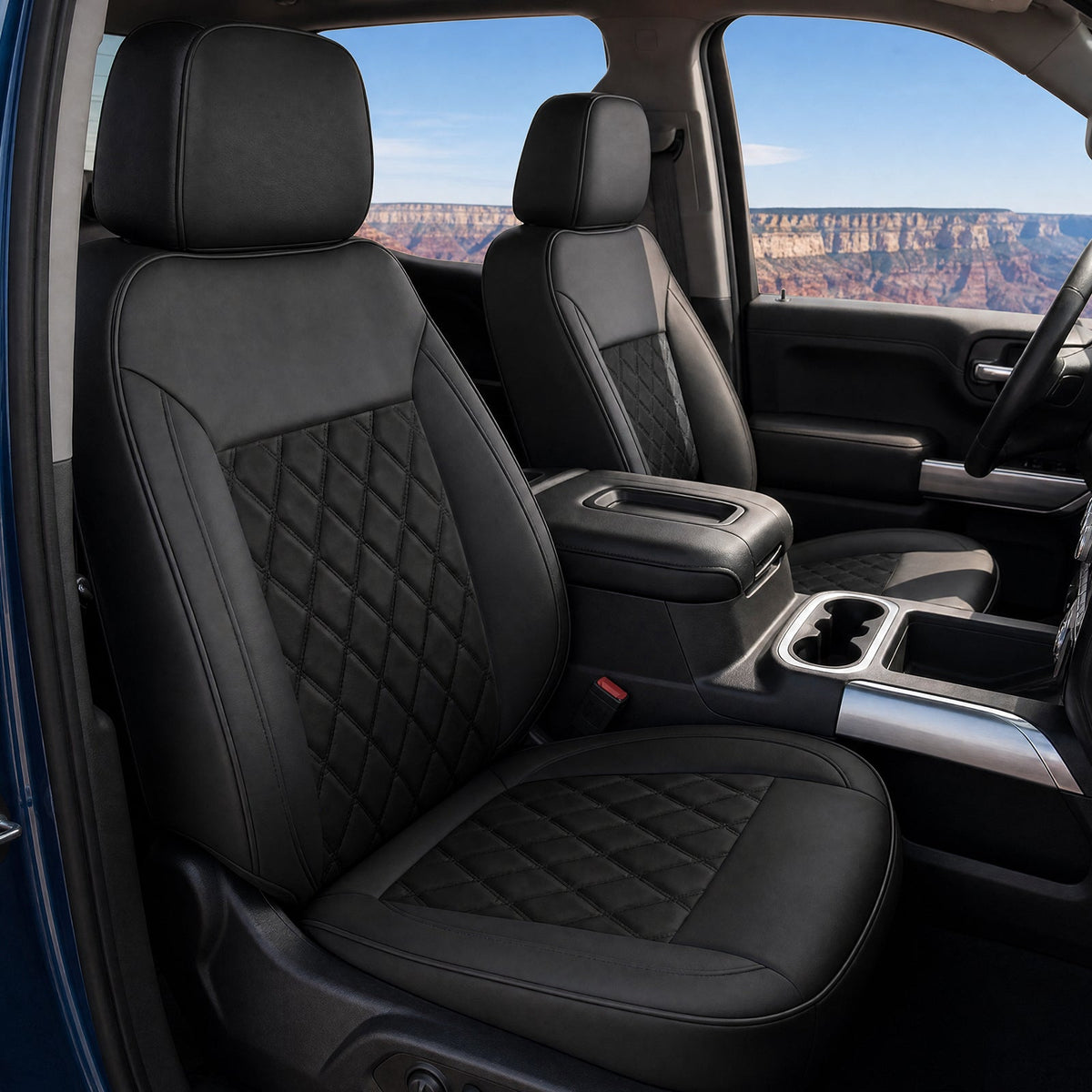 Umbrauto custom seat covers in black quilted Napa leather for Silverado/Sierra front seats on Tampa Home & Garden Store