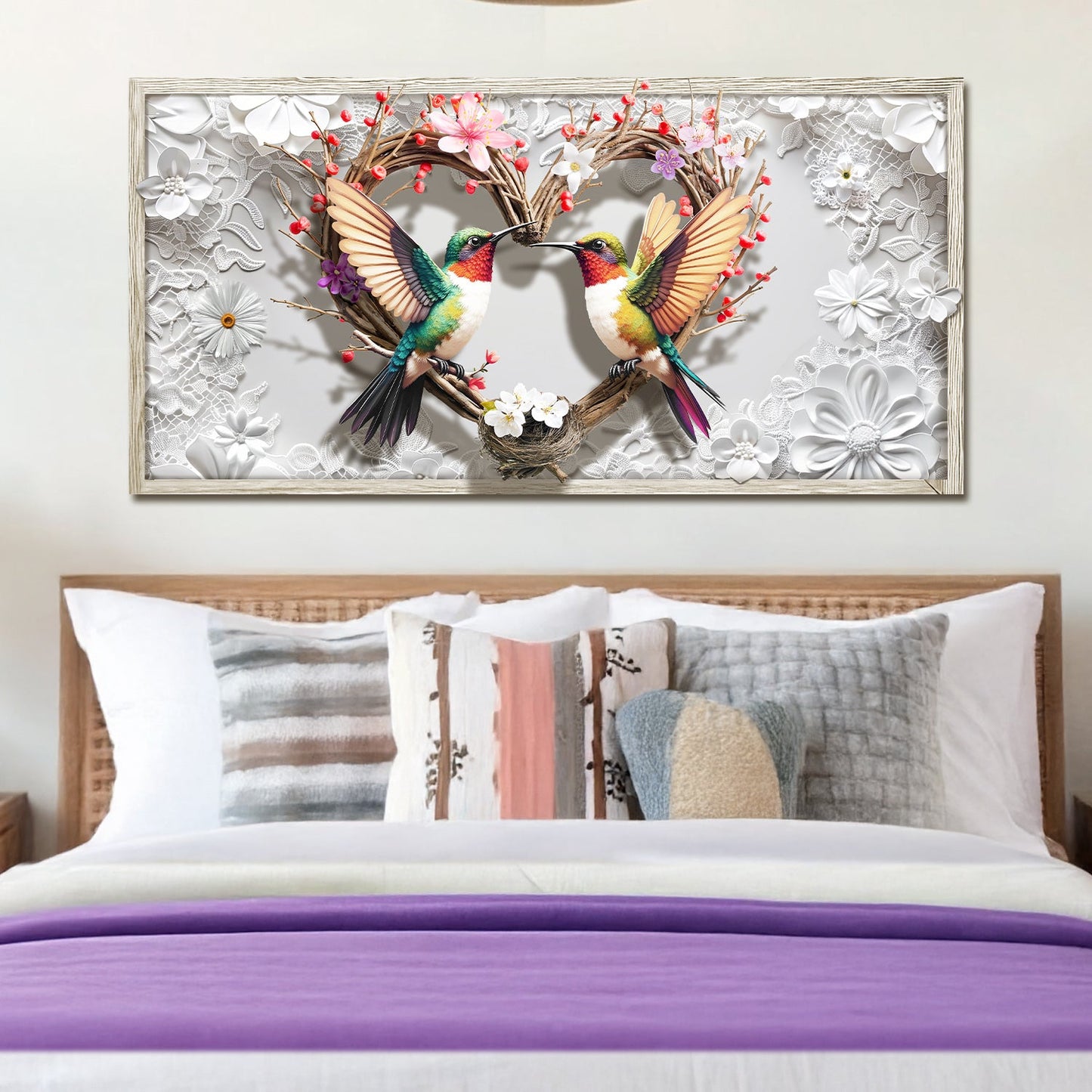 3D Hummingbirds Wall Art IV print Tailored Canvases, two colorful hummingbirds on a heart wreath on Tampa Home & Garden Store
