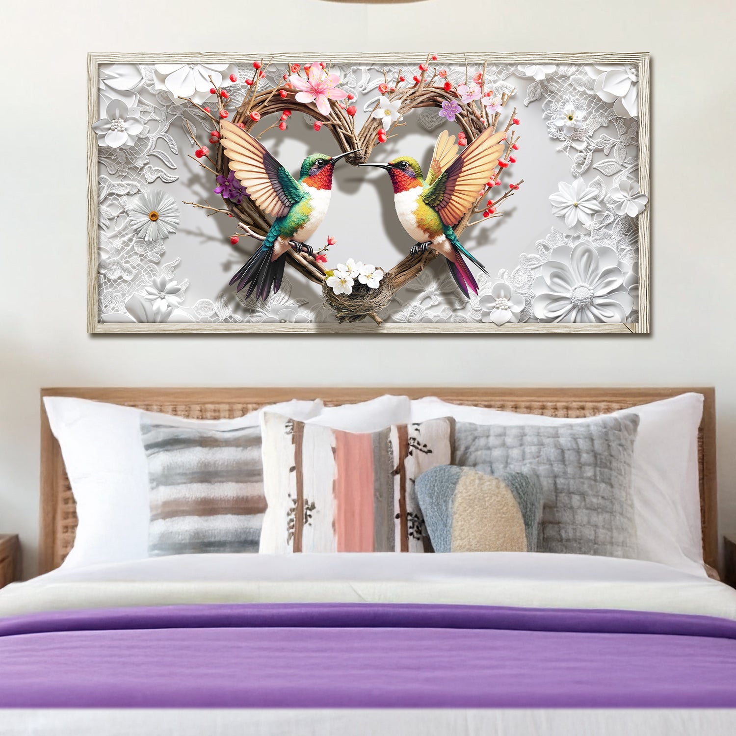3D Hummingbirds Wall Art IV print Tailored Canvases, two colorful hummingbirds on a heart wreath on Tampa Home & Garden Store