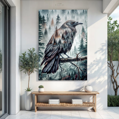 Crow Double Exposure Wall Art canvas by Tailored Canvases, crow amid misty pine forest on Tampa Home & Garden Store
