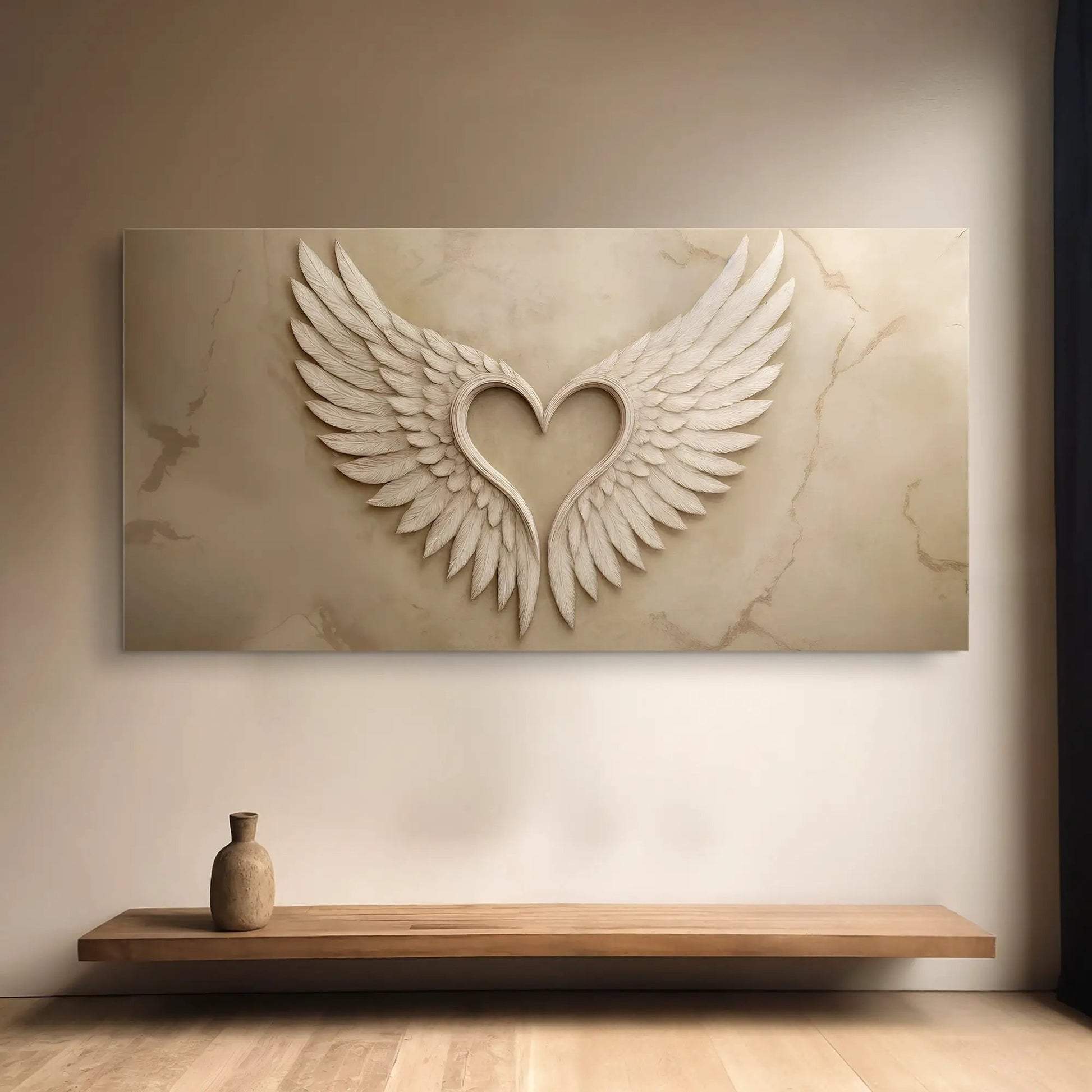 Wings Of Love canvas wall art with white feather wings forming a heart on marble backdrop on Tampa Home & Garden Store