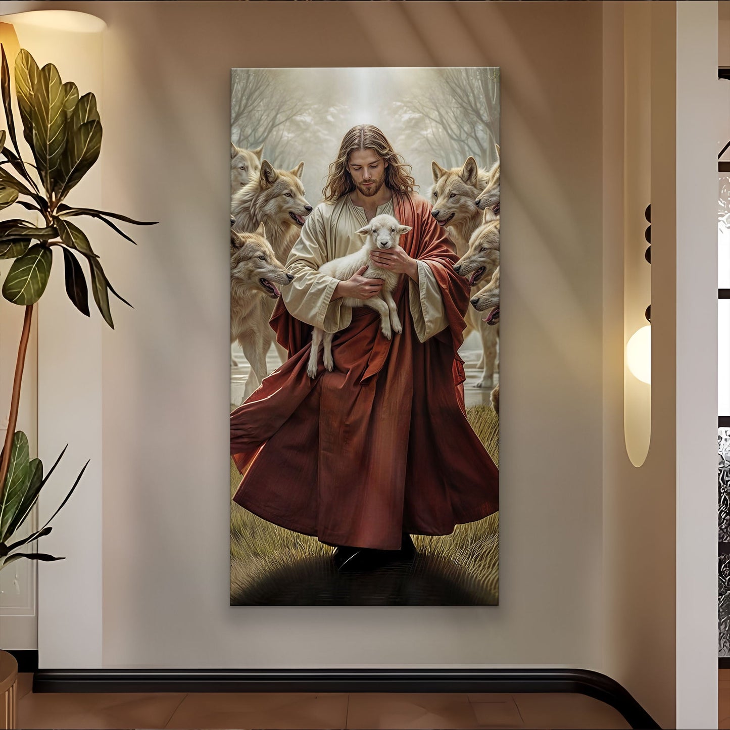 Canvas wall art Jesus Protects The Lamb From Wolves featuring a lamb among wolves on Tampa Home & Garden Store