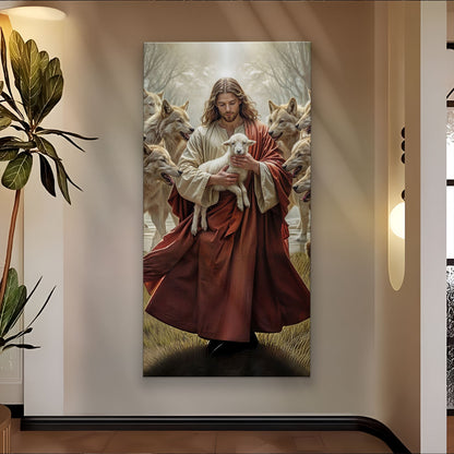 Canvas wall art Jesus Protects The Lamb From Wolves featuring a lamb among wolves on Tampa Home & Garden Store
