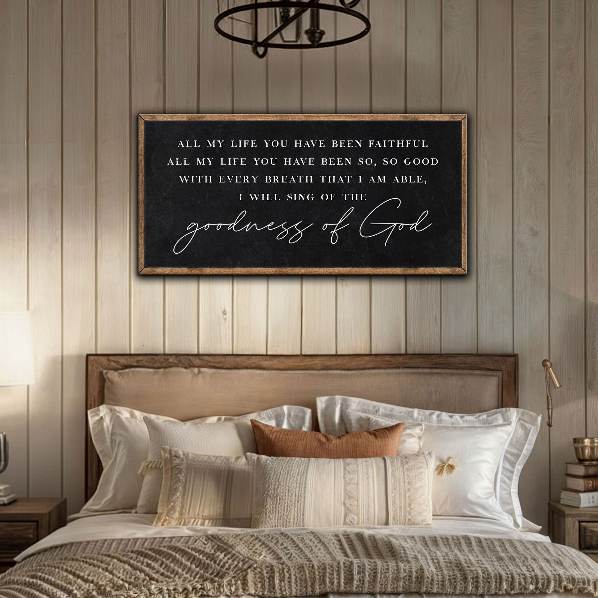 Goodness Of God faith sign canvas by Tailored Canvases, black chalkboard with white script on Tampa Home & Garden Store