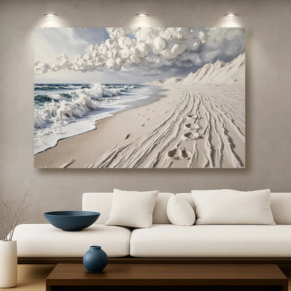 Footprints in the Sand Canvas by Tailored Canvases, beige sand, blue waves, dramatic clouds on Tampa Home & Garden Store