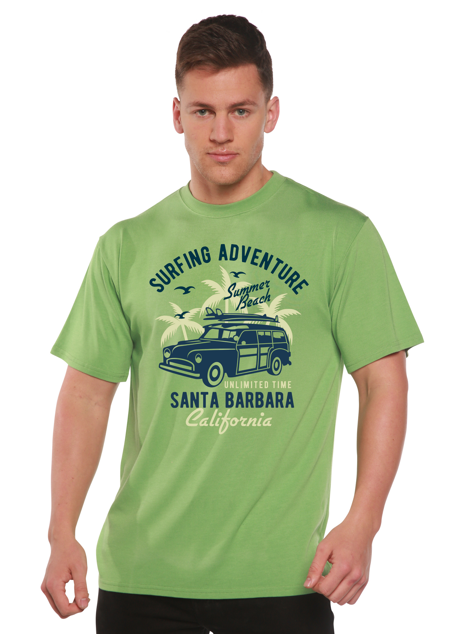 Surfing Adventure Spun Bamboo Men's Short Sleeve Tee; green bamboo viscose/cotton graphic on Tampa Home & Garden Store