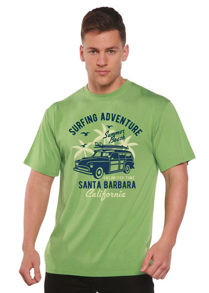 Surfing Adventure Spun Bamboo Men's Short Sleeve Tee; green bamboo viscose/cotton graphic on Tampa Home & Garden Store