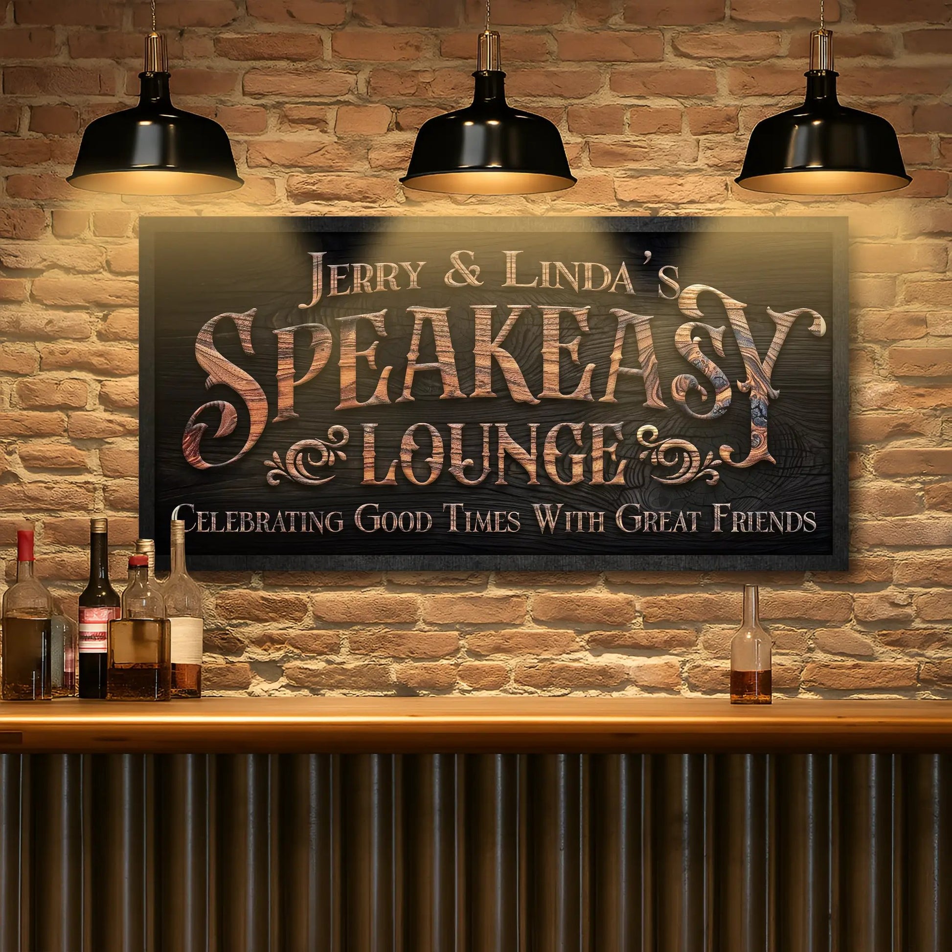 Speakeasy Lounge Wall Sign canvas by Tailored Canvases; woodgrain panel with copper-toned script on Tampa Home & Garden Store