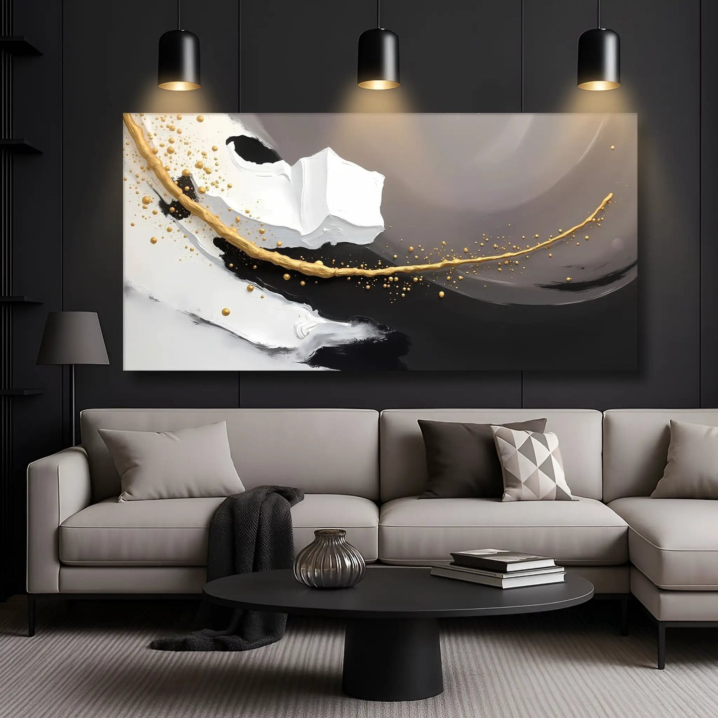 Wave Abstract Wall Art canvas with white, black, and gold swirls; large modern living room decor on Tampa Home & Garden Store