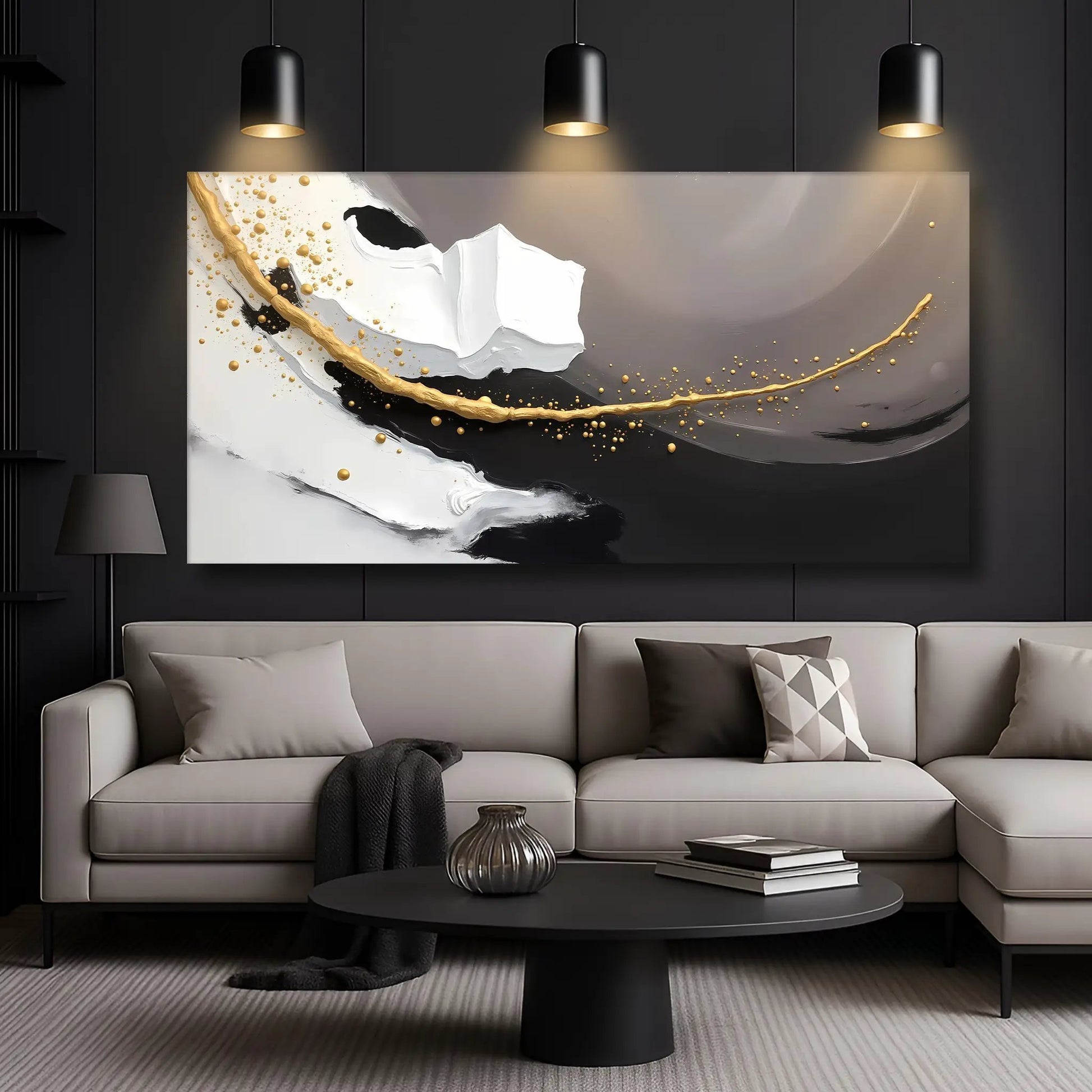 Wave Abstract Wall Art canvas with white, black, and gold swirls; large modern living room decor on Tampa Home & Garden Store