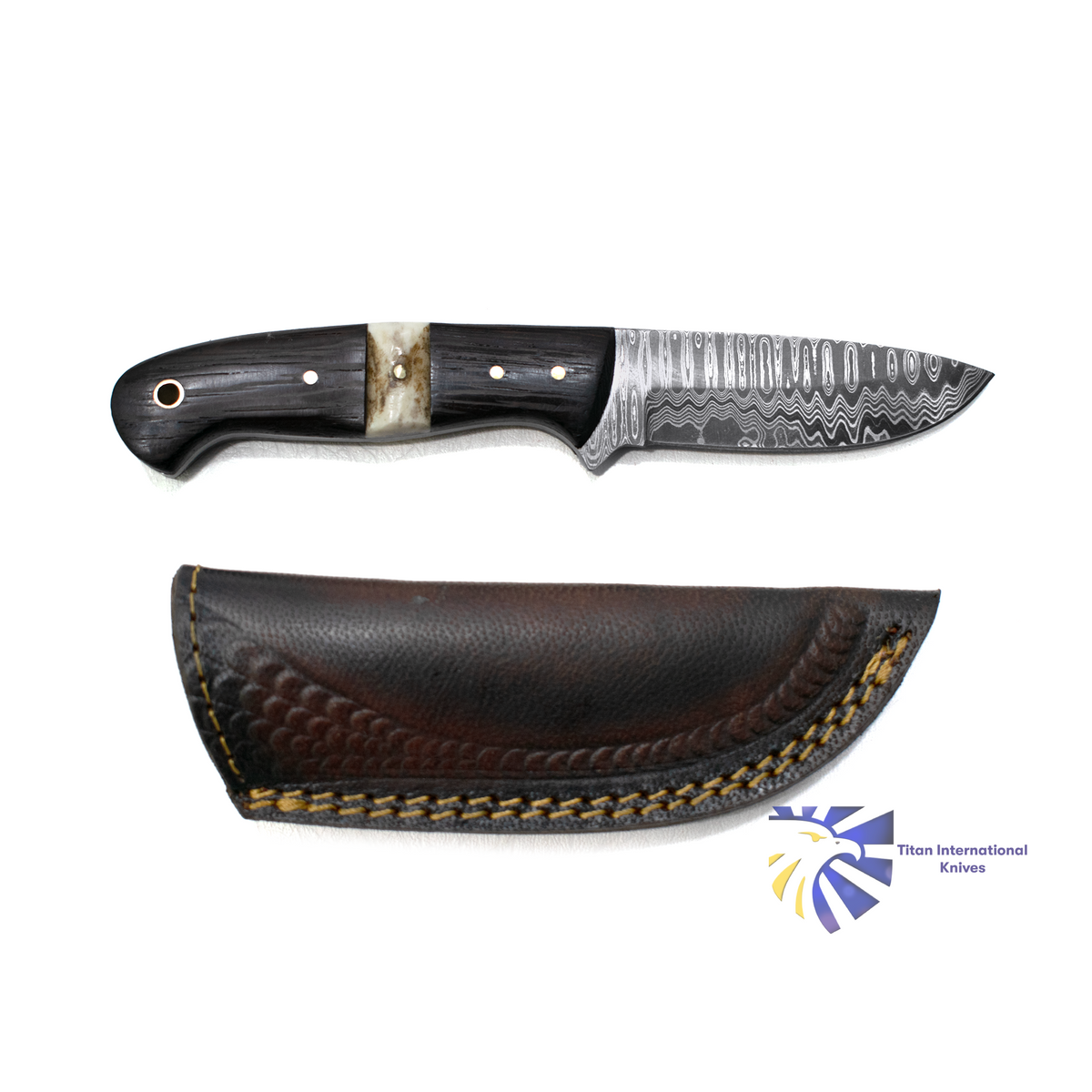 Damascus TK-019 EDC knife by Titan International K, dark wood handle on Tampa Home & Garden Store