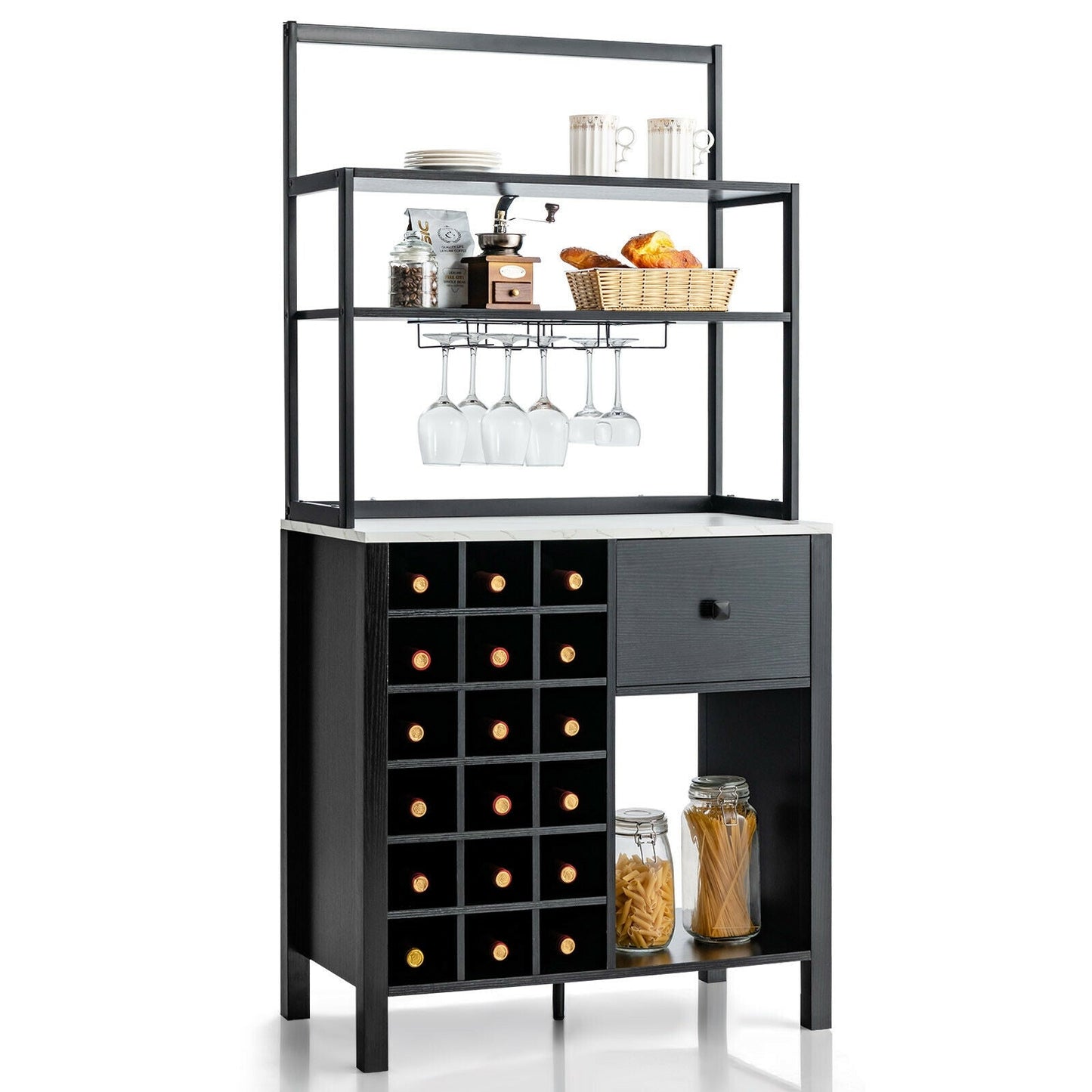 Estantería de cocina para panadero con botellero independiente, mesa con soporte para copas y cajón - Negra