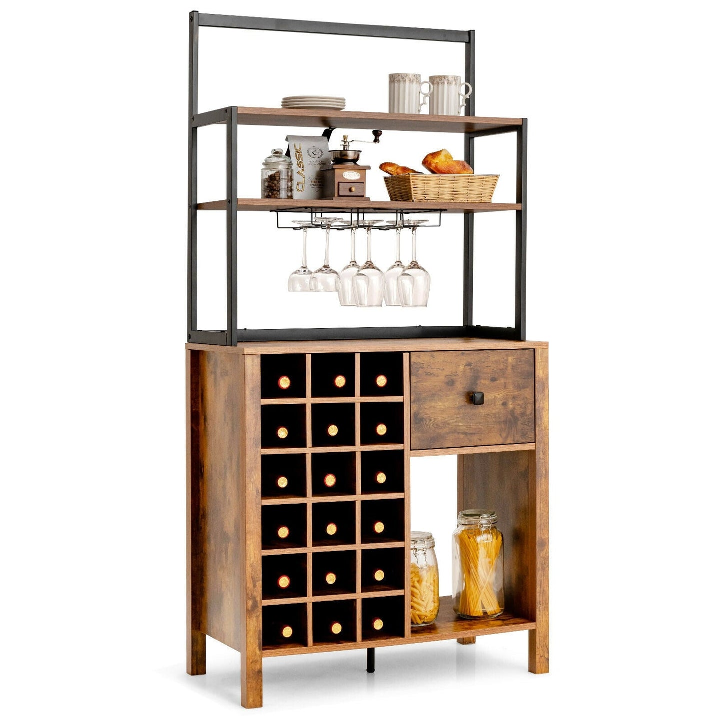 Estantería de cocina para panadero con botellero independiente, mesa con soporte para copas y cajón - Negra