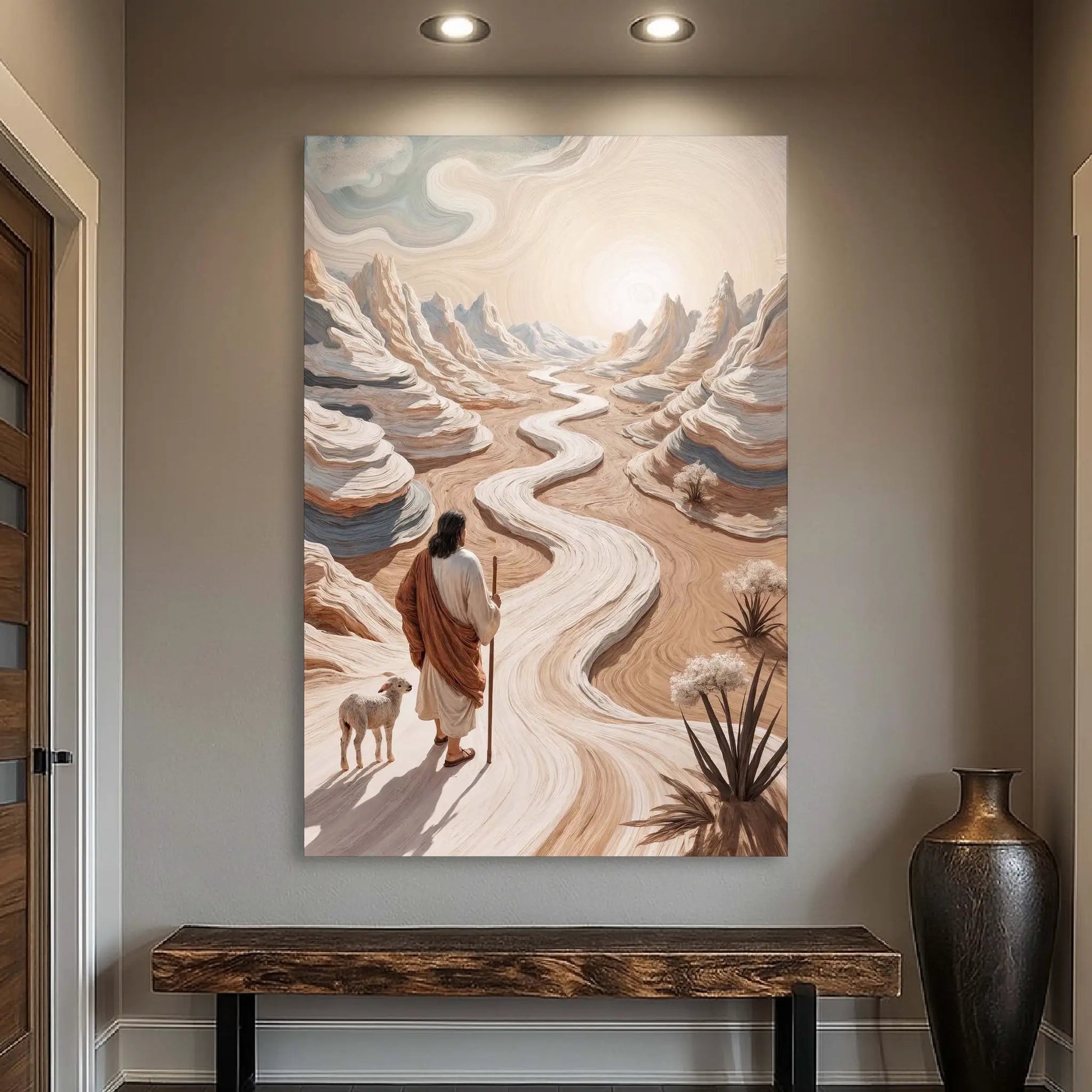 Parable Of The Lost Sheep Faith Wall Art III canvas by Tailored Canvases desert landscape with shepherd and sheep on winding path on Tampa Home & Garden Store