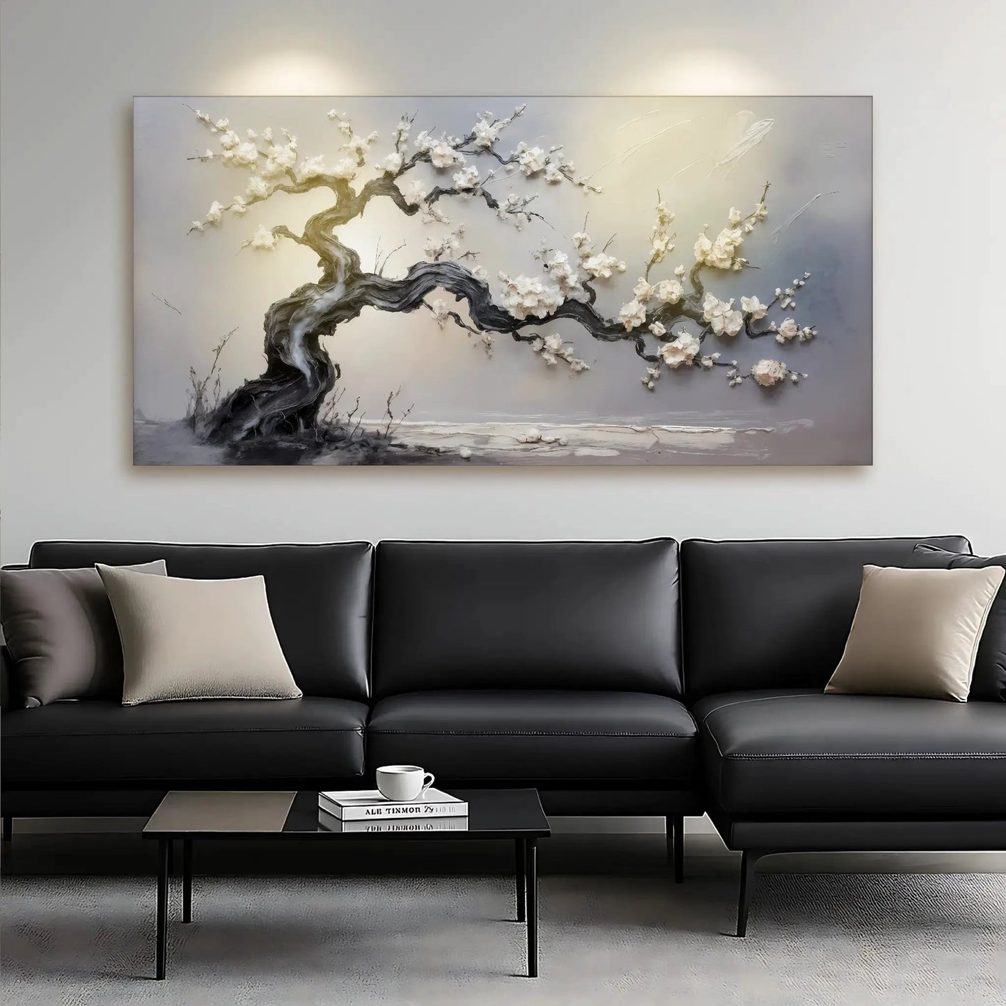 White Blossom Wall Art canvas by Tailored Canvases with gnarled tree and white blossoms on gray on Tampa Home & Garden Store