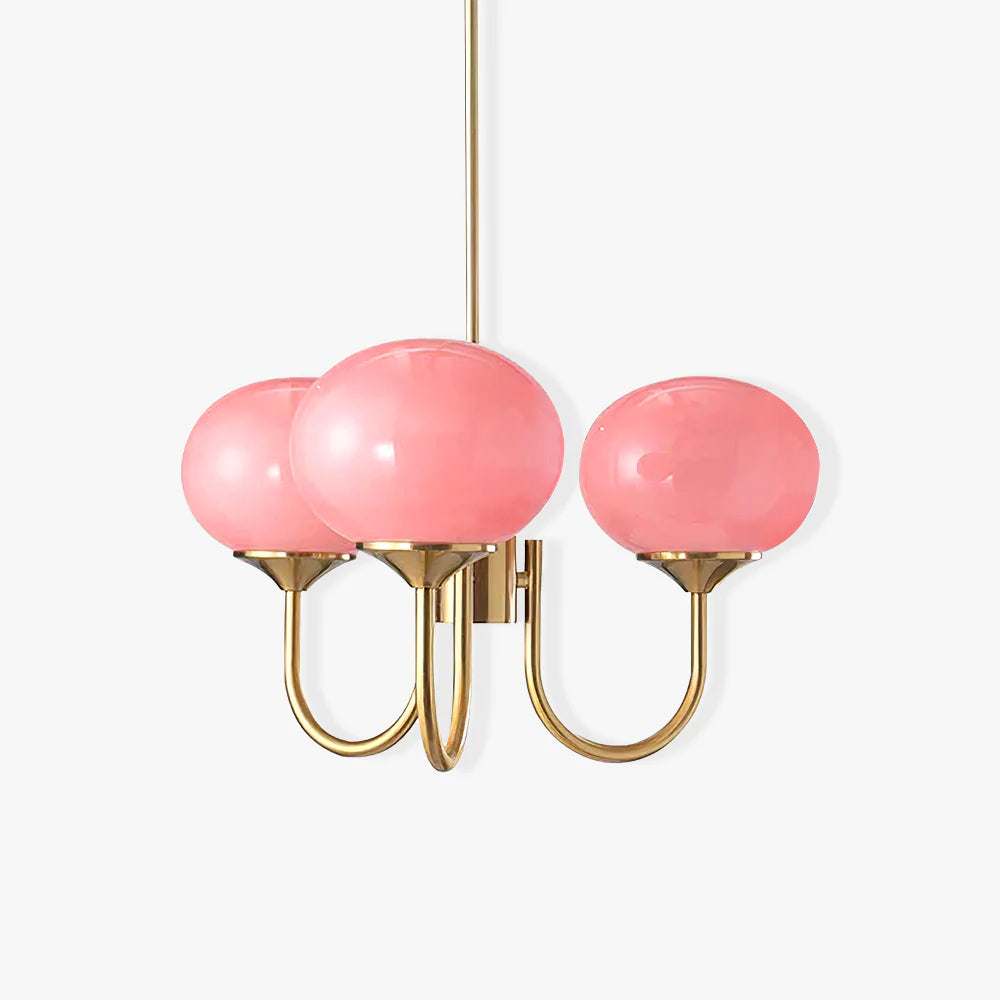 Chandelier Moktan Sabai modern glass bubble with pink hand-sprayed shades, 3 globes on Tampa Home & Garden Store