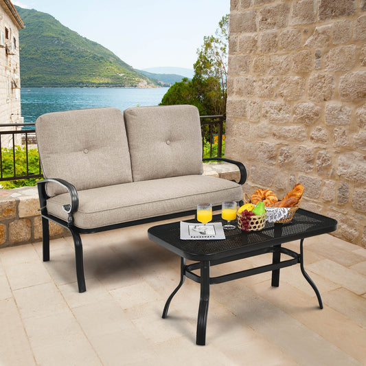 2 Pieces Patio Loveseat Bench Table Furniture Set with Cushioned Chair-Beige - Tampa Home & Garden Store