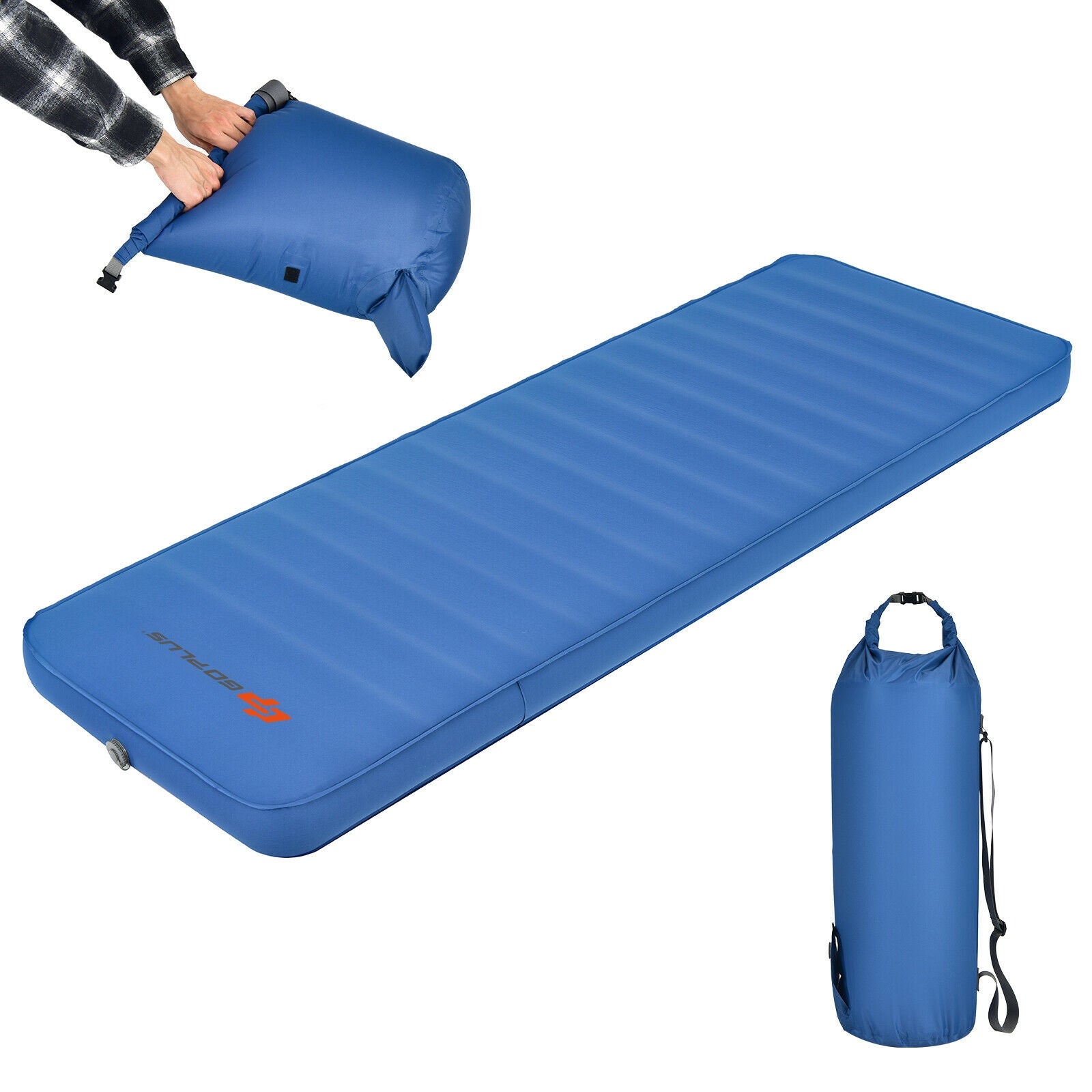 GemGear self-inflating folding camping sleeping pad, blue, with carrying bag on Tampa Home & Garden Store