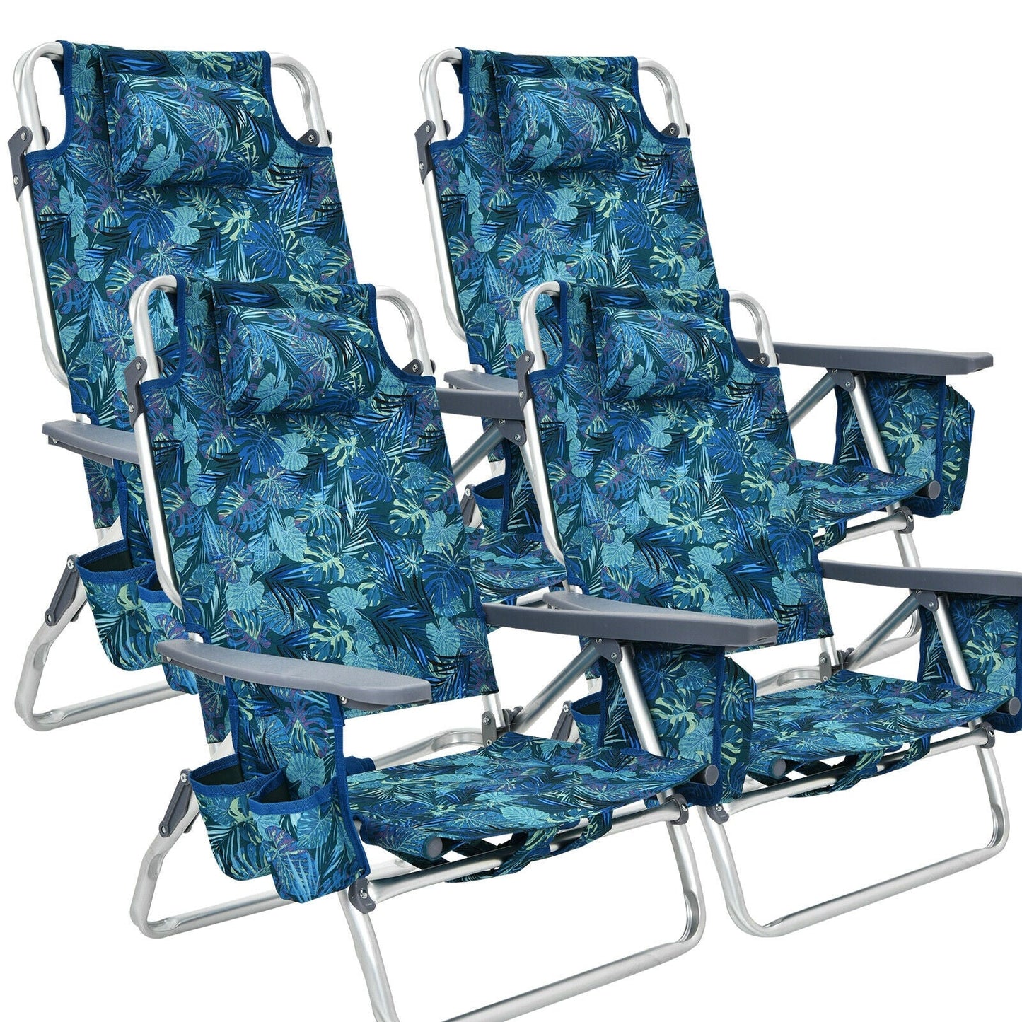 4-Pack 5-Position Outdoor Folding Backpack Beach Reclining Chair with Pillow-Blue