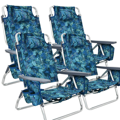 4-Pack 5-Position Outdoor Folding Backpack Beach Reclining Chair with Pillow-Blue