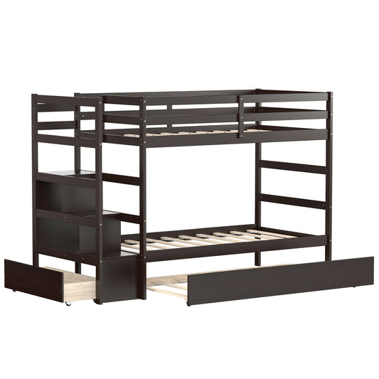 Twin Over Twin Bunk Bed with Storage Shelf and Drawer-Dark Brown - Tampa Home & Garden Store