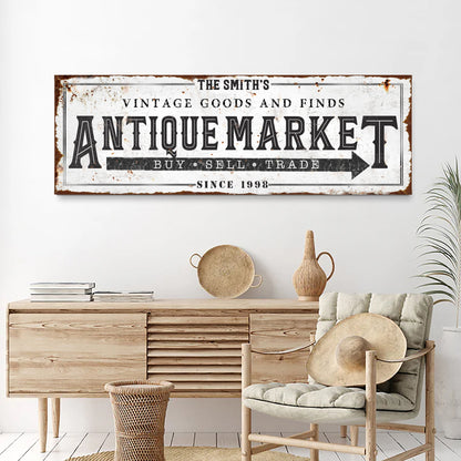 Vintage Antique Market Sign II canvas by Tailored Canvases with distressed white finish on Tampa Home & Garden Store