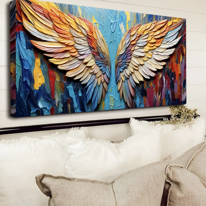 Wings of Hope canvas wall art with colorful rainbow feathers on textured blue background on Tampa Home & Garden Store
