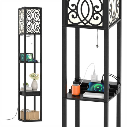 Modern standing shelf lamp DirectDeals with 1 outlet and 2 USB ports, black metal frame panels on Tampa Home & Garden Store