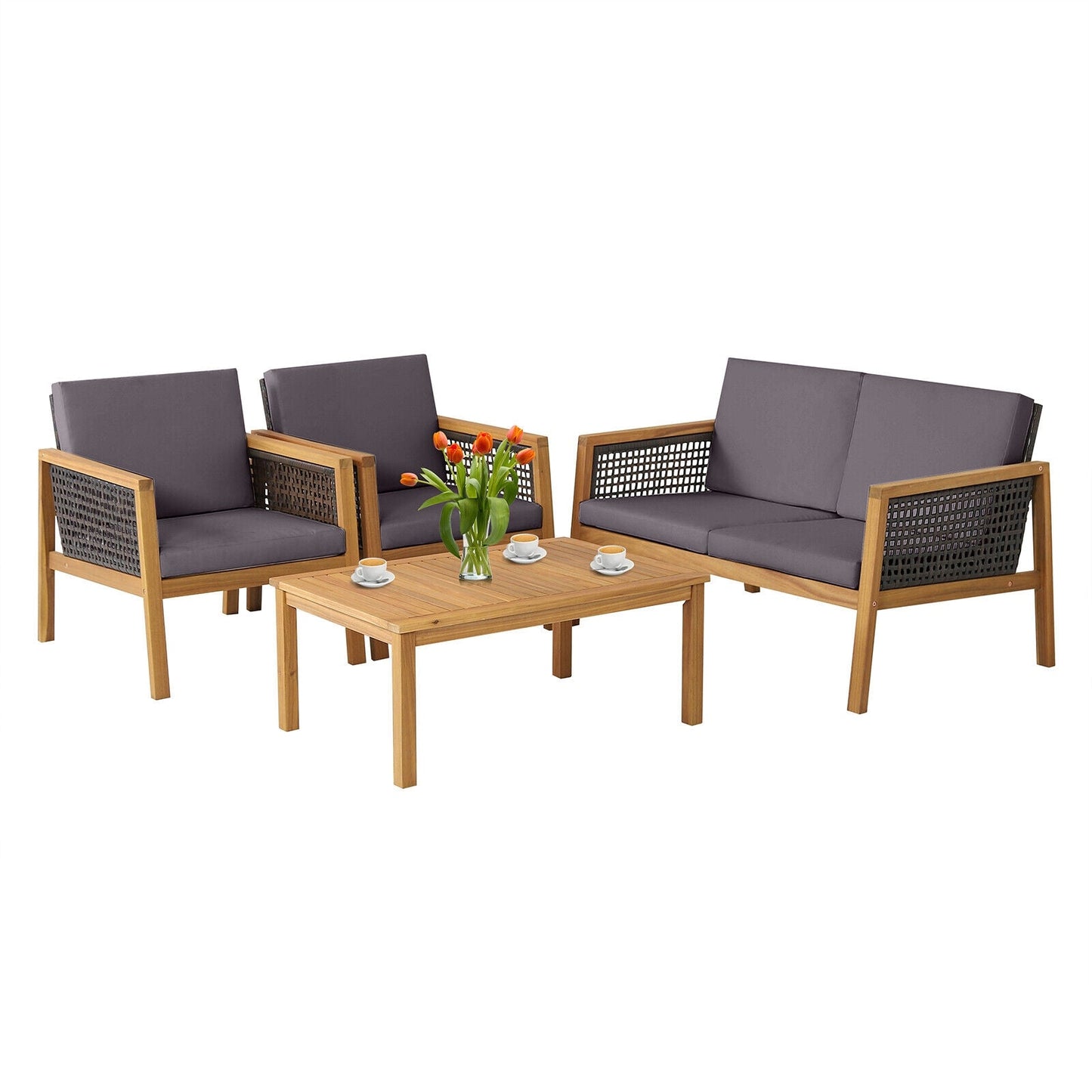 Juego de muebles de patio de ratán de 4 piezas con cojines extraíbles - Rojo
