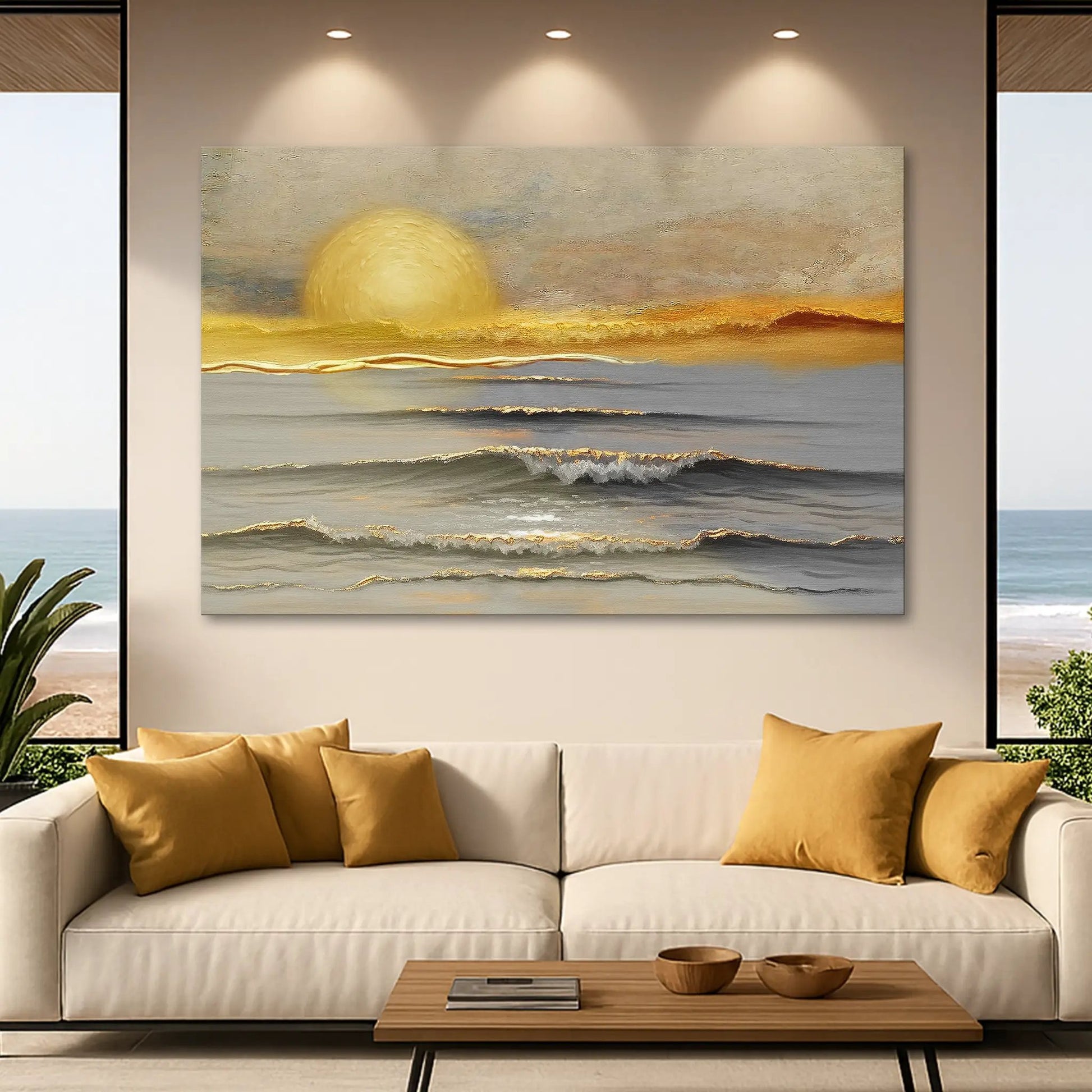 Golden Horizon Calm Wall Art canvas by Tailored Canvases; seascape with large sun and waves on Tampa Home & Garden Store