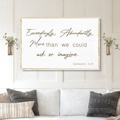 Farmhouse Faith Sign II canvas with white frame and brown script verse from Ephesians 3:20 on Tampa Home & Garden Store
