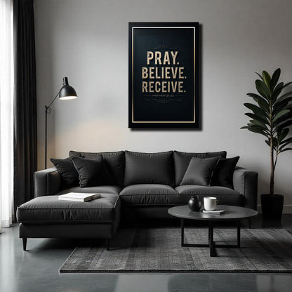 Canvas Matthew 21:22 Pray Believe Receive Faith Sign III, black framed gold print on Tampa Home & Garden Store