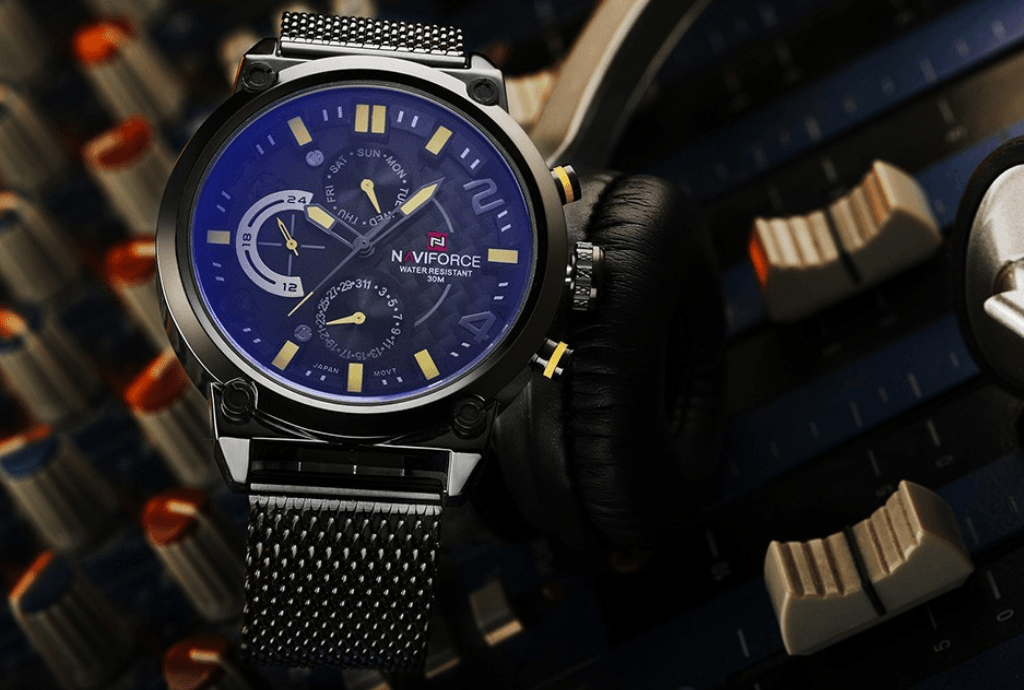 Men's multifunction analog quartz watch from Stevvex with blue dial and stainless mesh band on Tampa Home & Garden Store