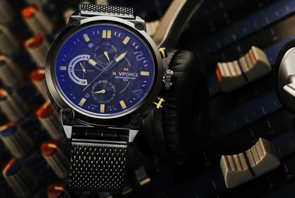 Men's multifunction analog quartz watch from Stevvex with blue dial and stainless mesh band on Tampa Home & Garden Store