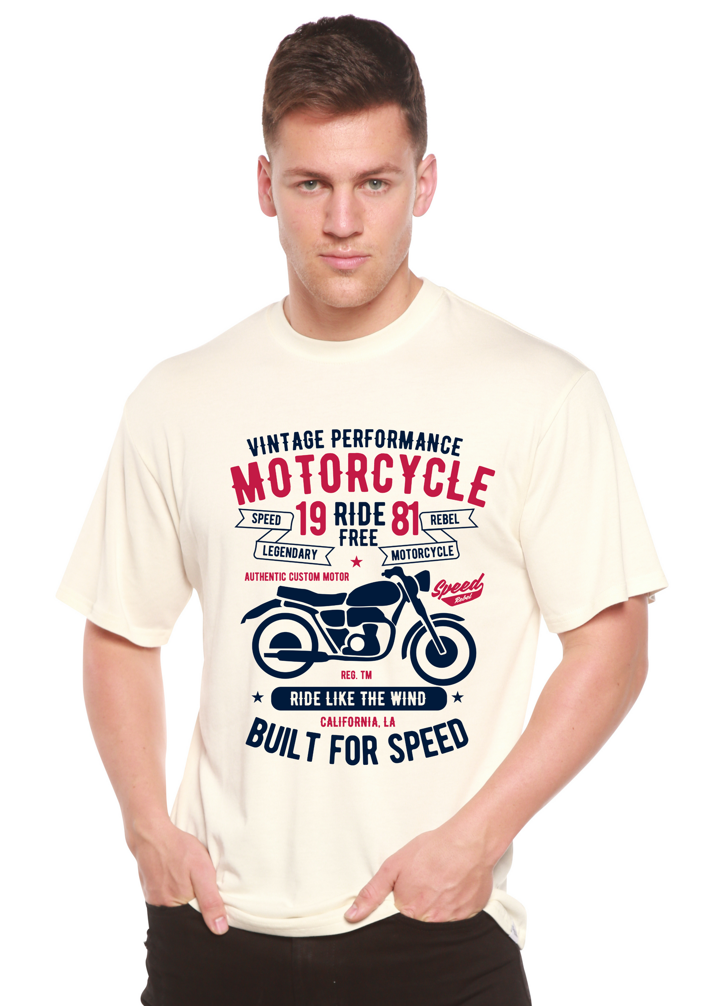 Motorcycle Ride Free tee in cream bamboo viscose/organic cotton with motorcycle print on Tampa Home & Garden Store