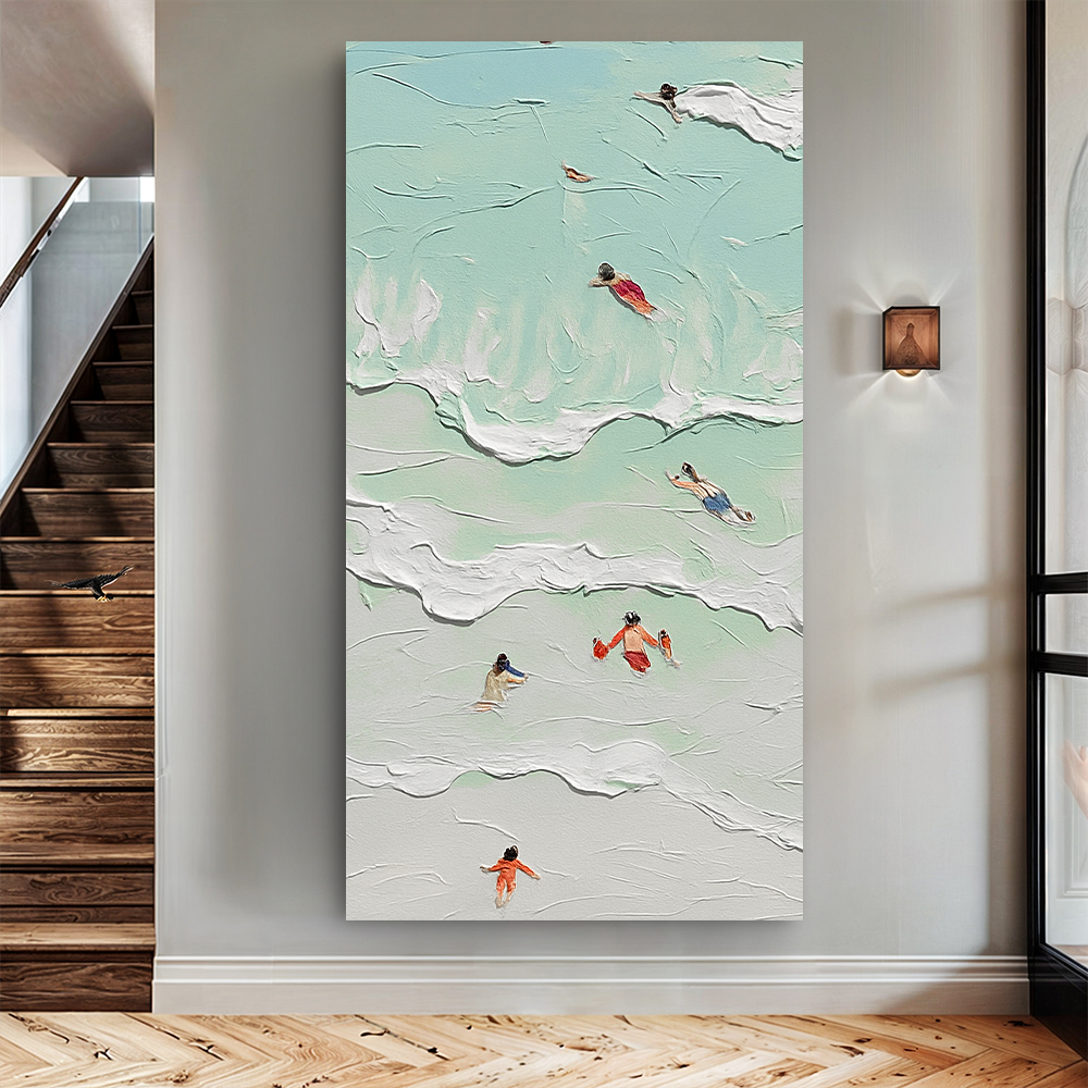 Beach Days Wall Art XXIII canvas by Tailored Canvases mint teal seascape with waves and swimmers on Tampa Home & Garden Store