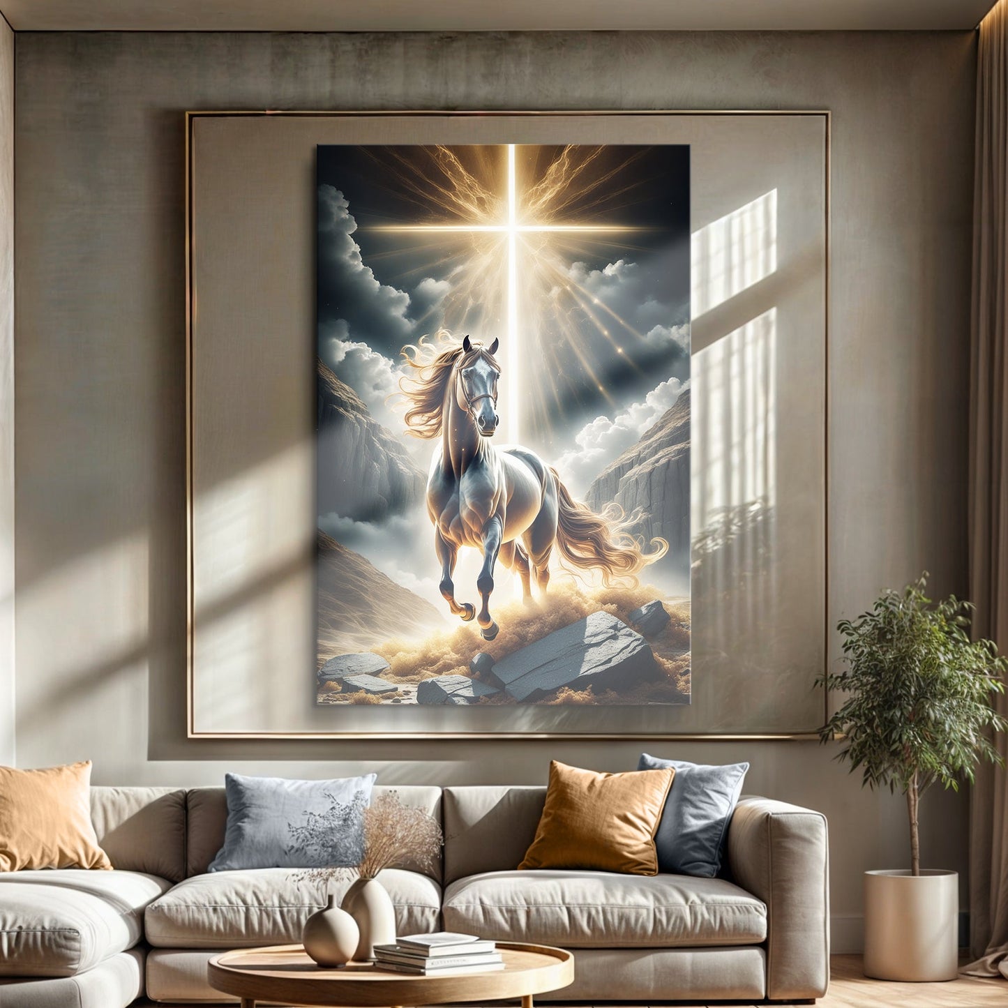 3D Horse Faith Wall Art II canvas with a white horse beneath a glowing cross in a dramatic sky on Tampa Home & Garden Store