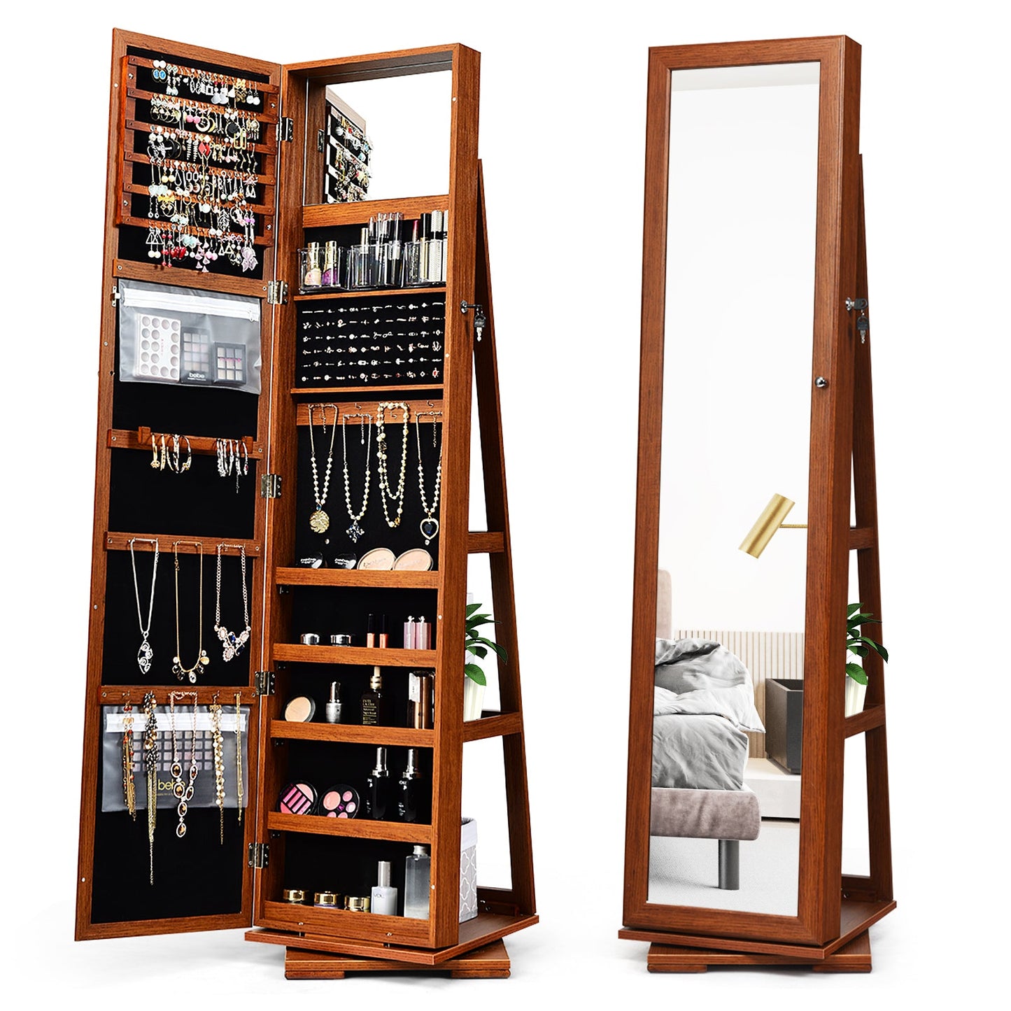 360° Rotatable 2-in-1 Lockable Jewelry Cabinet with Full-Length Mirror-Brown