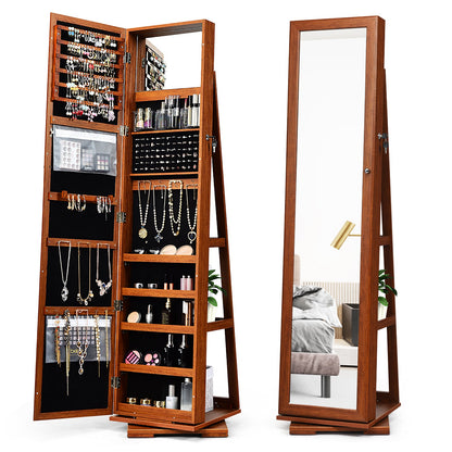 360° Rotatable 2-in-1 Lockable Jewelry Cabinet with Full-Length Mirror-Brown