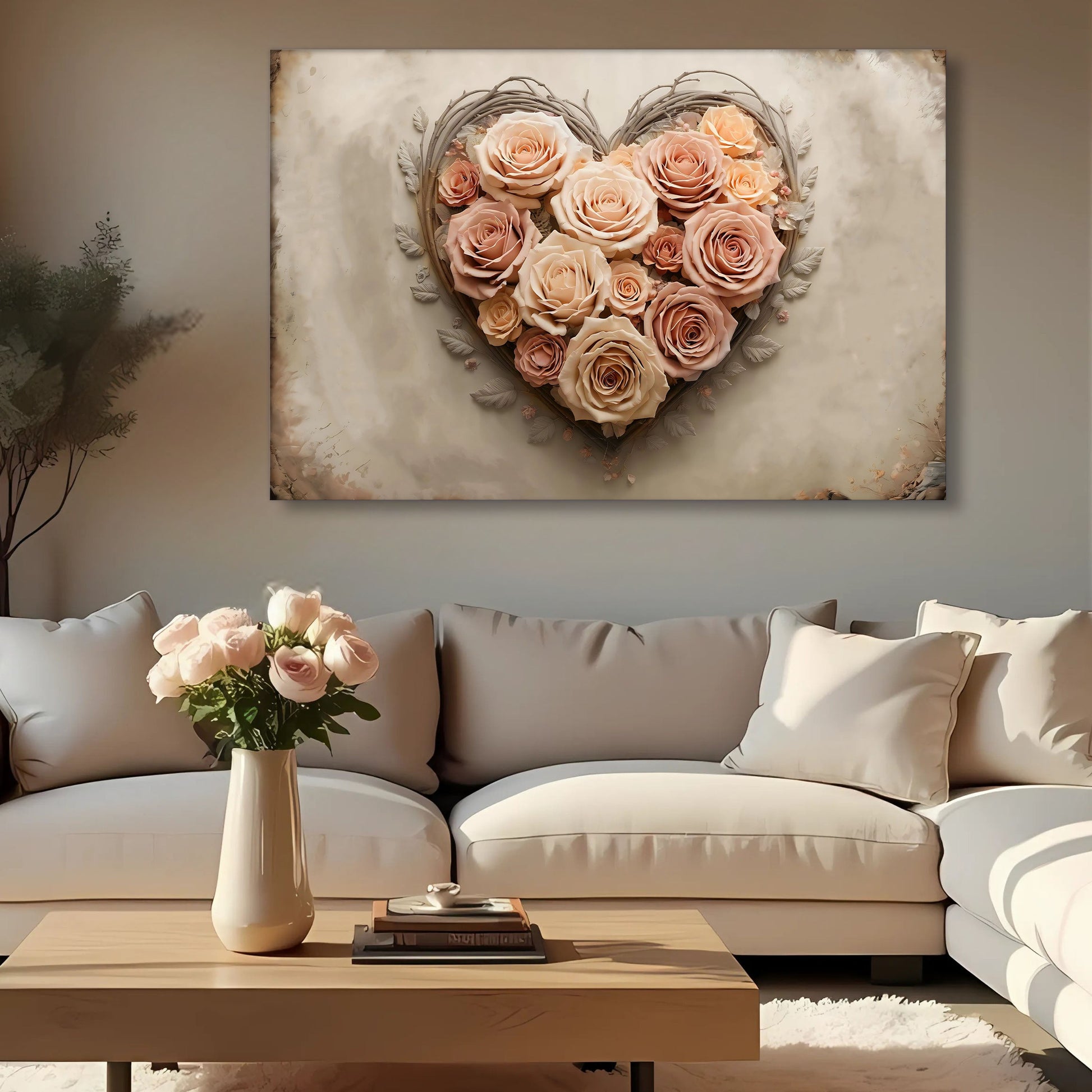 3D Floral Heart Wall Art III canvas with blush pink roses in a twig heart frame on Tampa Home & Garden Store